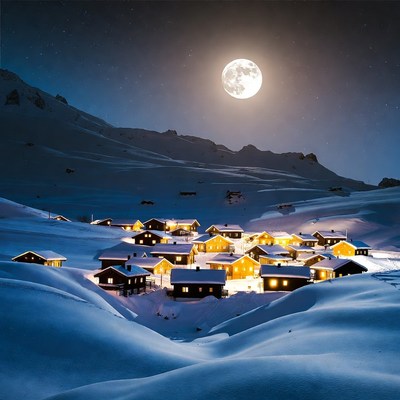 Snowy Mountain Village Under Full Moon