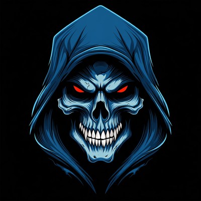 Blue Hooded Skull with Red Eyes