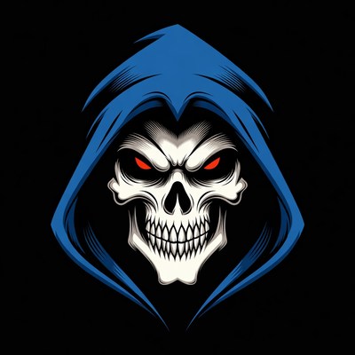 Blue Hooded Skull with Red Eyes