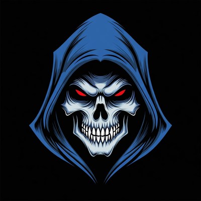 Blue Hooded Skull with Red Eyes