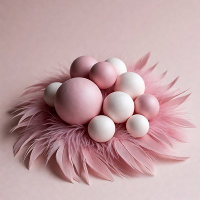 Pink and White Eggs in Feather Nest