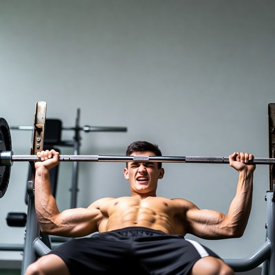 Muscular man bench pressing barbell