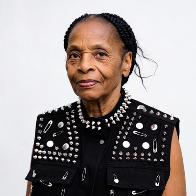 Elderly African-American woman in spiked vest
