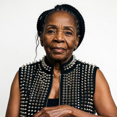 Elderly African-American woman in spiked vest
