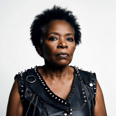 African-American woman in studded leather vest
