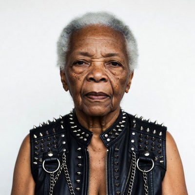 Elderly African-American woman in spiked leather vest