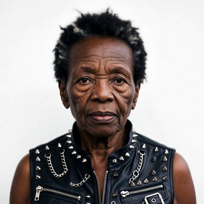 Elderly African-American woman in studded leather vest