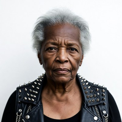 Elderly African-American woman in spiked leather vest