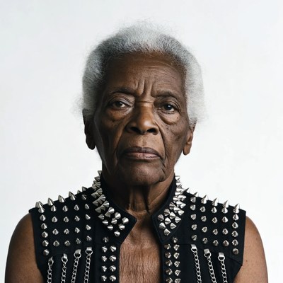 Elderly African-American woman in spiked vest