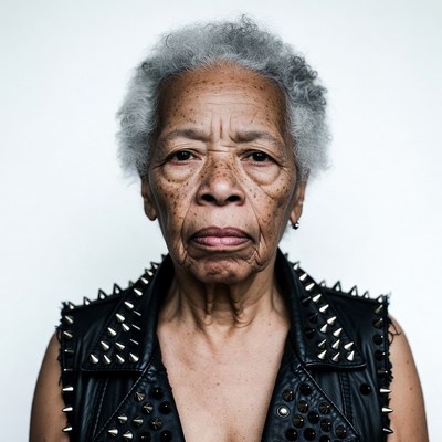 Elderly African-American woman in spiked leather vest