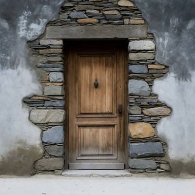 Wooden Door in Stone Wall