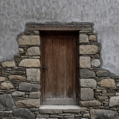 Rustic Wooden Door in Stone Wall