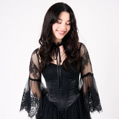 Woman smiling in black lace corset dress