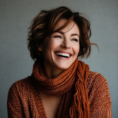 Smiling woman in orange scarf