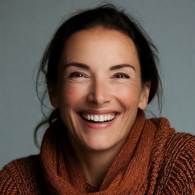 Smiling woman in rust sweater