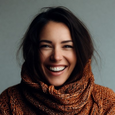 Smiling woman in orange turtleneck