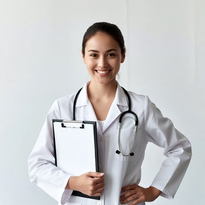 Asian female doctor holding clipboard