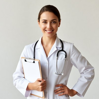 Smiling female doctor holding clipboard