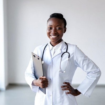 African-American nurse with clipboard and stethoscope