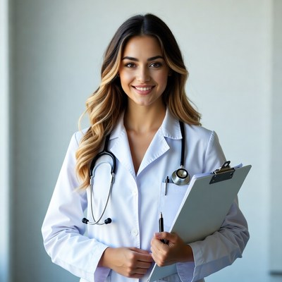 Smiling female doctor holding clipboard