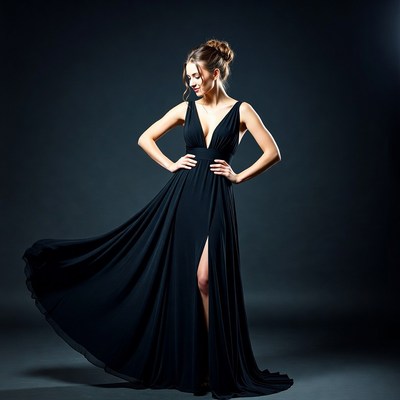 Woman in flowing black evening gown