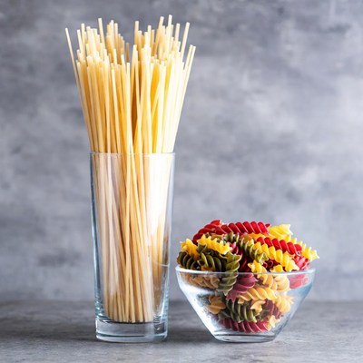 Spaghetti and Colored Pasta on Gray Background