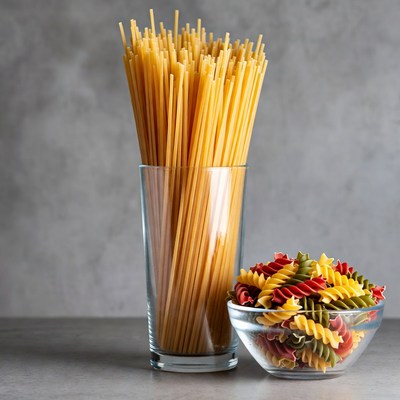 Spaghetti and Fusilli Pasta in Glasses