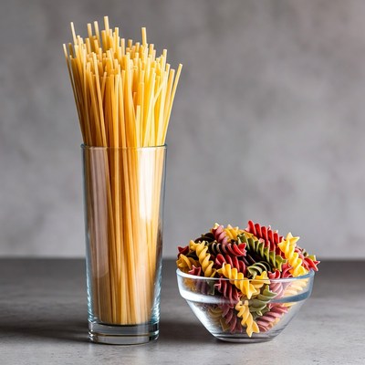 Spaghetti and Fusilli Pasta in Glasses