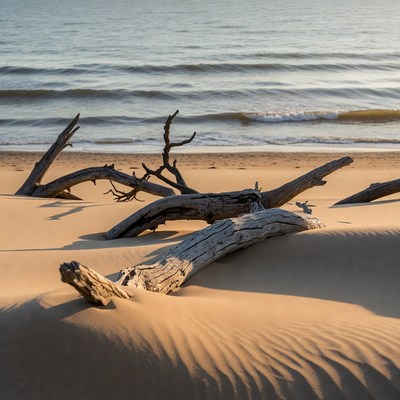 Driftwood on sandy beach by ocean