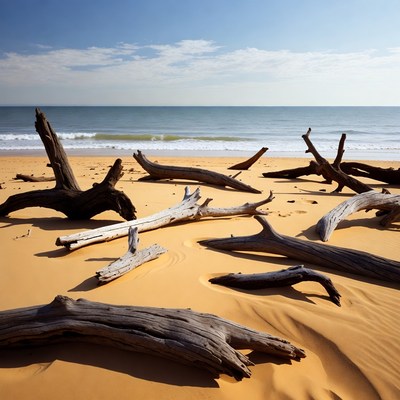 Driftwood scattered on sandy beach