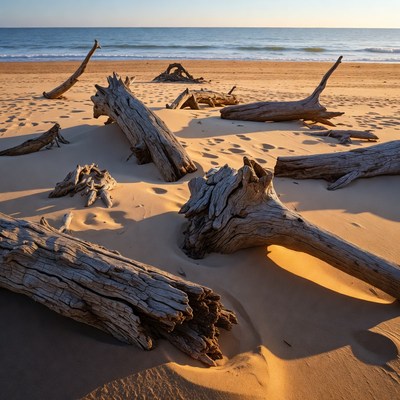Driftwood scattered on sandy beach