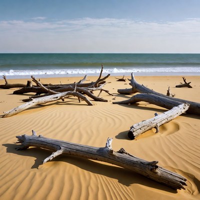 Driftwood scattered on sandy beach