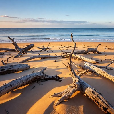 Driftwood scattered on sunny beach
