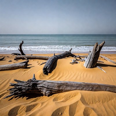 Driftwood scattered on sandy beach