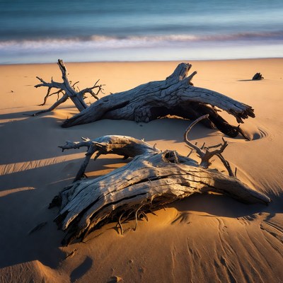 Driftwood on sandy beach