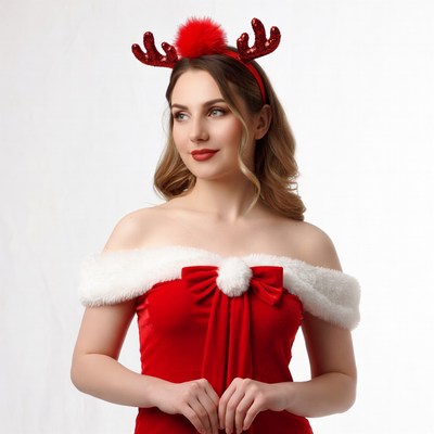 Woman in red reindeer Christmas dress