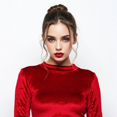 Woman in red velvet top