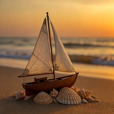 Toy sailboat with seashells on beach sunset