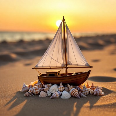 Toy sailboat on beach sunset