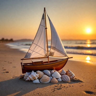 Toy Sailboat with Seashells on Beach