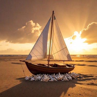 Toy Sailboat on Beach with Seashells