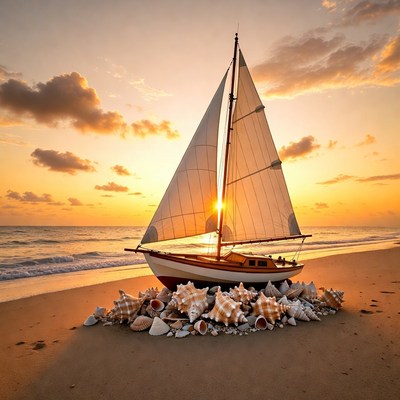 Toy sailboat on beach with seashells