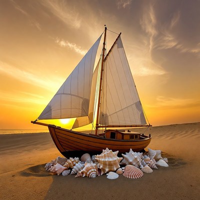 Sailboat on Beach with Seashells at Sunset