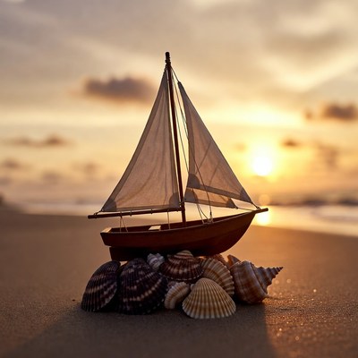 Toy Sailboat on Beach with Seashells