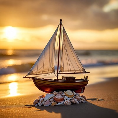 Toy Sailboat on Beach with Seashells