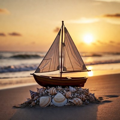 Toy sailboat on seashells beach sunset