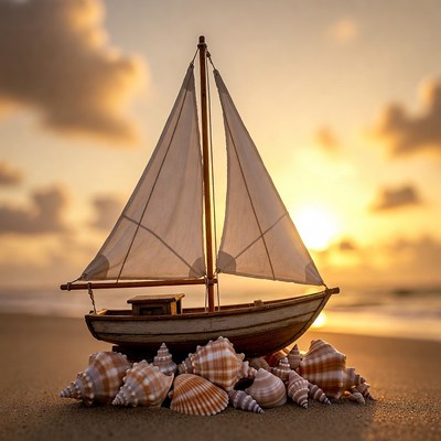 Toy Sailboat on Beach with Seashells