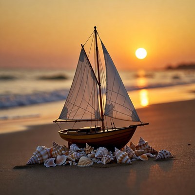Toy Sailboat with Seashells on Beach Sunset