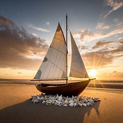 Sailboat on beach with seashells
