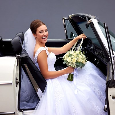 Bride smiling in white convertible car